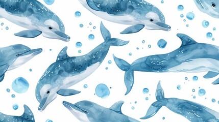 Fototapeta premium Blue dolphin illustration with a lot of bubbles background