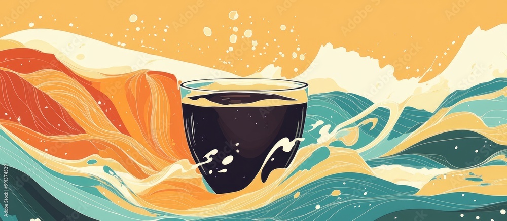 Wall mural Abstract illustration of a surreal dark coffee drink featuring sea waves A creative concept for a morning energy beverage promoting positivity and fantasy Suitable for postcards prints and book il