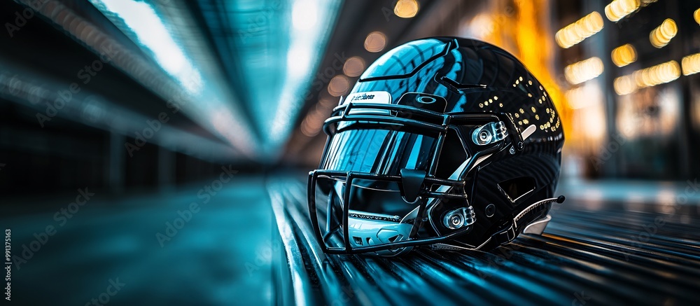 Poster A detailed close-up of a football helmet resting on a bench with the stadium lights reflecting on its surface Large space for text in center Stock Photo with copy space