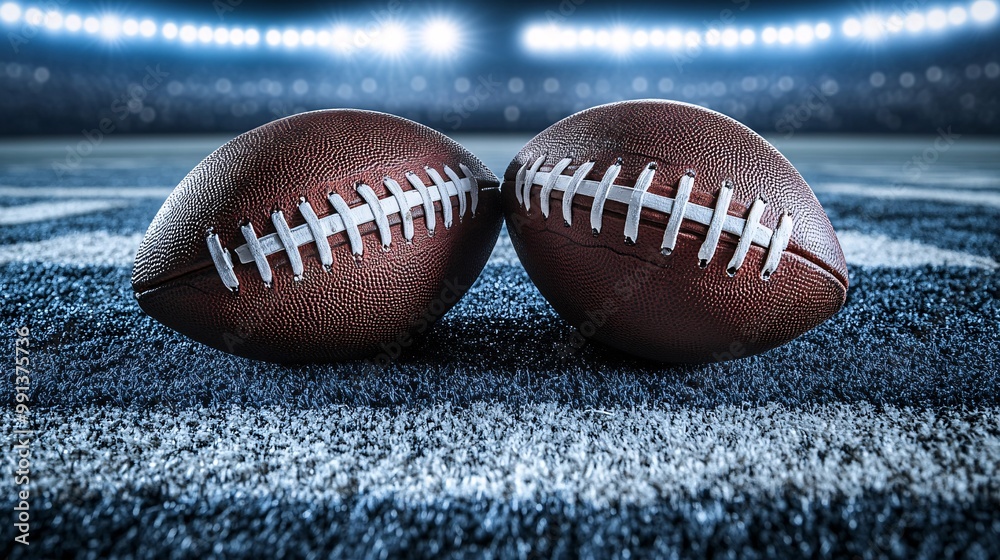 Poster A shot of a well-worn football lying on the field ready for the game to begin under the bright stadium lights Large space for text in center Stock Photo with copy space