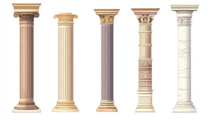 Ancient Greek and Roman architectural columns, isolated vector illustrations. Antique classic pillars, Greek pillars, historic podiums.