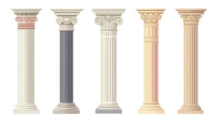 Ancient Greek and Roman architectural columns, isolated vector illustrations. Antique classic pillars, Greek pillars, historic podiums.