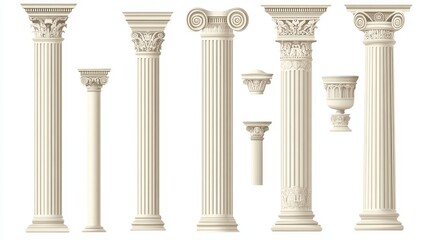 Naklejka premium Ancient Greek and Roman architectural columns, isolated vector illustrations. Antique classic pillars, Greek pillars, historic podiums.