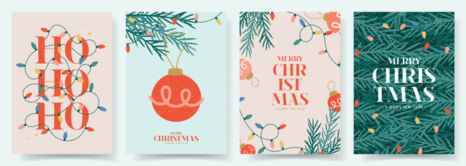 Merry Christmas and Happy New Year flyers. Trendy vector illustration with Christmas decoration and typography design. Contemporary minimalist New Year flyers for card, poster, cover, social media. © Yaran