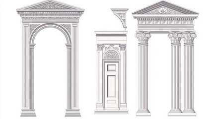 Fototapeta premium Antique architectural vector elements: Roman arch, Greek temple door frame, and Corinthian columns for vintage construction or interior design.