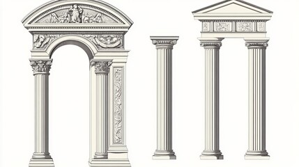 Fototapeta premium Antique architectural vector elements: Roman arch, Greek temple door frame, and Corinthian columns for vintage construction or interior design.