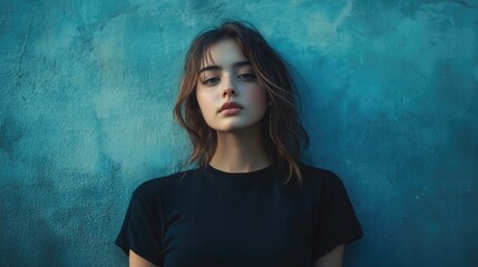 Contemporary female portrait against blue-gray background, could be used for artistic photography or advertisements.