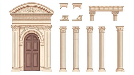 Obraz premium Antique architectural vector elements: Roman arch, Greek temple door frame, and Corinthian columns for vintage construction or interior design.