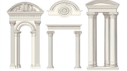 Obraz premium Antique architectural vector elements: Roman arch, Greek temple door frame, and Corinthian columns for vintage construction or interior design.