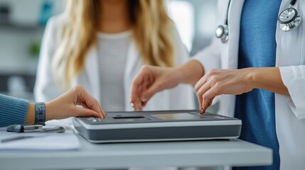Medical professionals using a device for health assessment in a clinical setting.