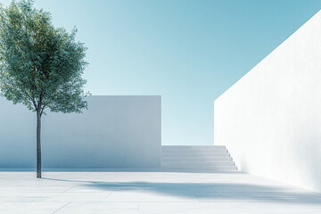 Abstract 3D rendering of minimalist style architectural space scene, mountain and lakeside building