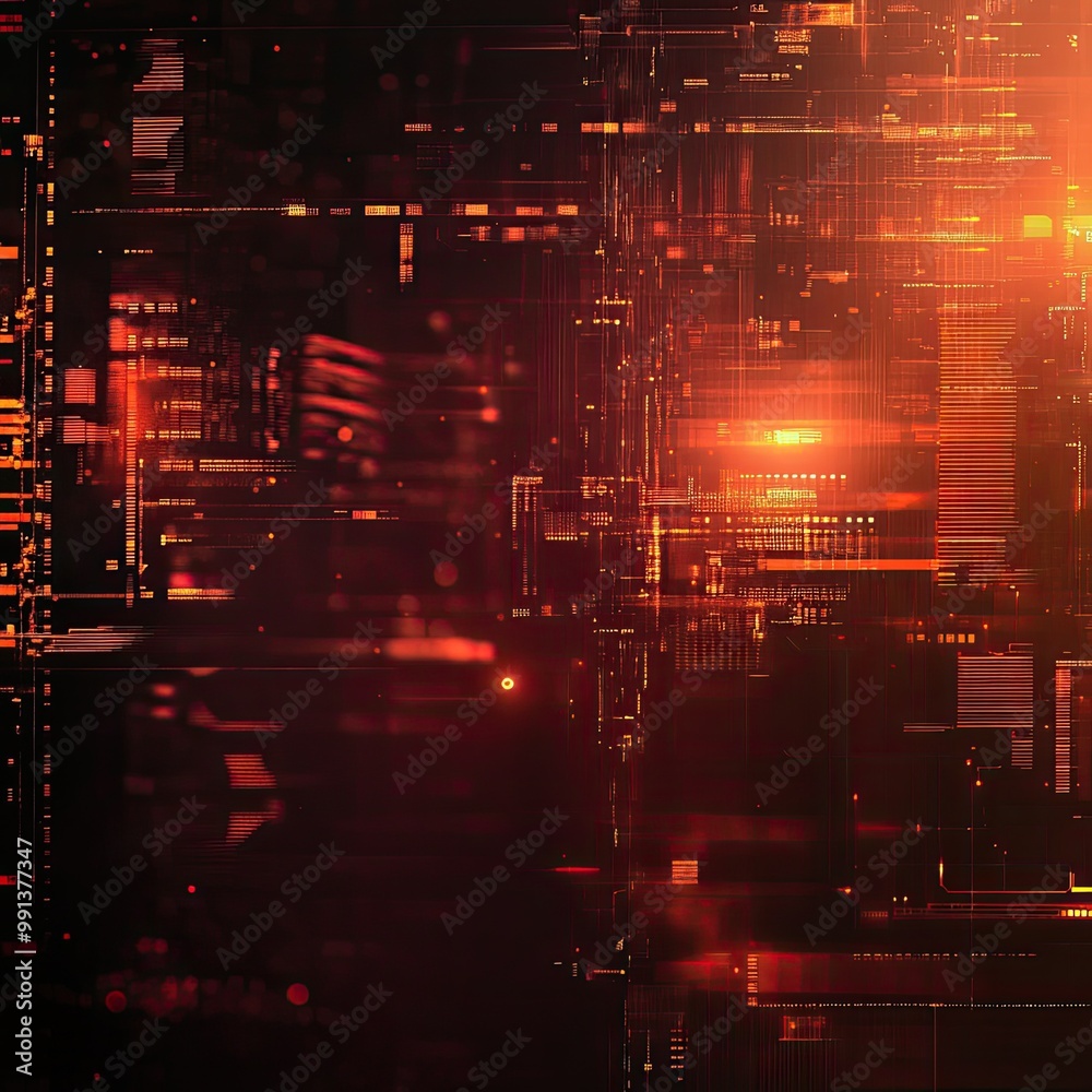 Wall mural abstract digital background with glowing lines and patterns in warm orange tones, perfect for techno