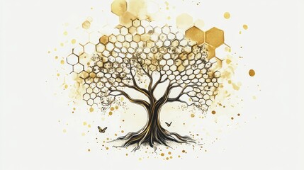 The large tree of life illustration, detailed with honeycomb patterns behind, gold highlights, centered on a plain white background, in a minimalistic, ink-on-paper style.