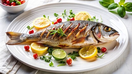 Appetizing fresh grilled fish served on a white plate in an elegant restaurant, meal, cuisine, luxury, upscale, elegant, gourmet, grilled fish, restaurant, fine dining, gourmet cuisine
