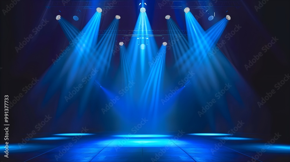 Poster blue stage lights illuminating empty performance space
