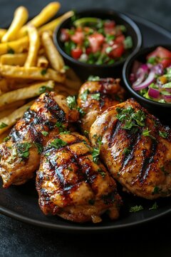Pollo a la Parilla - Grilled chicken marinated with aji and spices, often served with fries and salad.