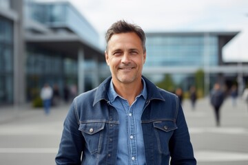Fototapeta premium Portrait of a happy man in his 40s sporting a rugged denim jacket on sophisticated corporate office background