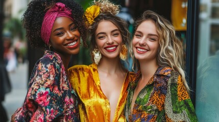 Fototapeta premium Diverse Women Enjoying a Fun Shopping Spree at a Stylish Boutique - Multi-Ethnic Friends Trying Trendy Fashion Finds for a Joyful Experience