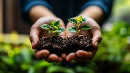 Two hands holding soil with young plants, symbolizing growth and environmental care.