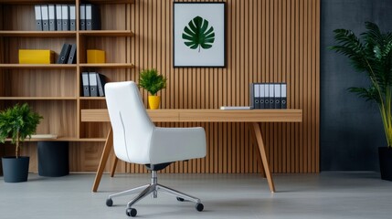 Modern Home Office with Wooden Desk and White Chair Featuring Minimalist Decor and Greenery