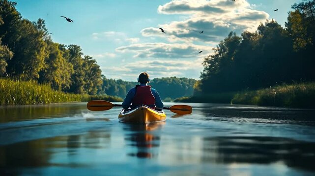 A person with muscular dystrophy enjoying a peaceful kayak ride on a calm lake at dawn, mist rising from the water.