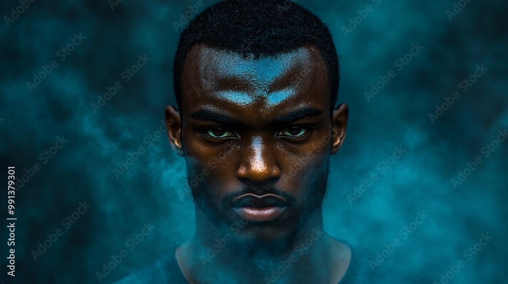 Poster A dramatic portrait of a defensive player staring straight into the camera with determination before a crucial game Large space for text in center Stock Photo with copy space