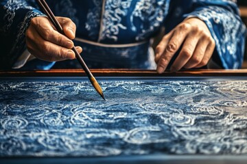 Traditional Chinese Embroidery Art: Close-Up of Skilled Hands Crafting Intricate Patterns with Needle and Thread on Blue Fabric