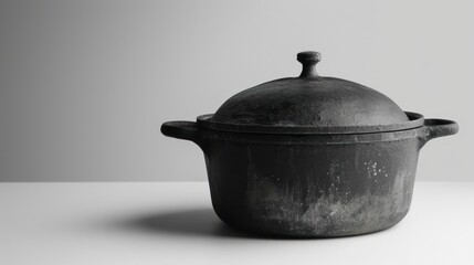 Black Cast Iron Pot with Lid on White Background