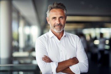 Fototapeta premium Portrait of a content man in his 50s wearing a classic white shirt over sophisticated corporate office background