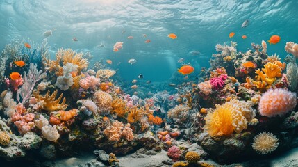 Vibrant underwater scene showcasing colorful coral reefs and diverse marine life.