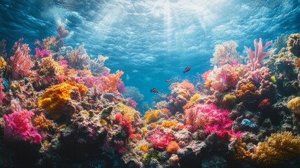 Naklejka premium Vibrant underwater scene showcasing colorful coral reefs and marine life.