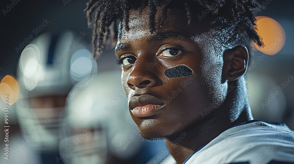 Poster A profile shot of a star running back on the sideline looking focused and determined as he prepares to re-enter the game Large space for text in center Stock Photo with copy space