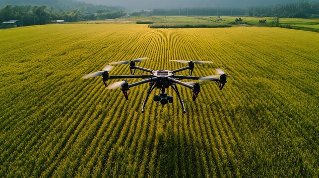 AI-powered drones surveying large agricultural fields for crop analysis