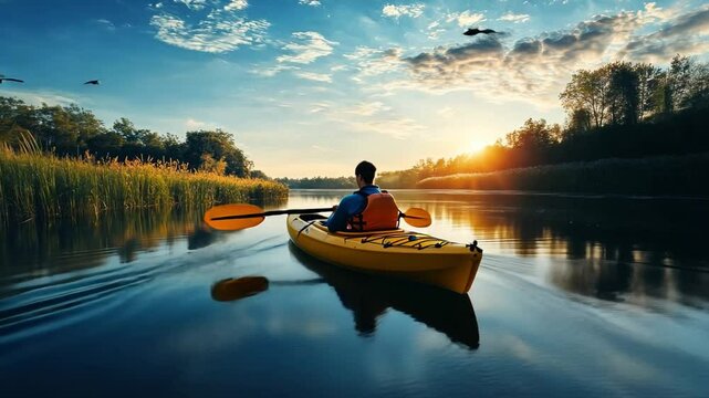 A person with muscular dystrophy enjoying a peaceful kayak ride on a calm lake at dawn, mist rising from the water.