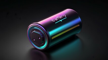 Iridescent metallic three-dimensional battery icon. An image of new technologies and solutions for rechargeable batteries. Dark black background.