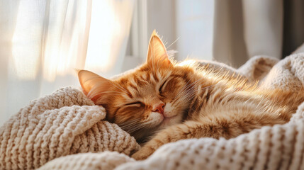Obraz premium Cozy ginger cat peacefully sleeping on a soft knitted blanket with sunlight streaming through a sheer curtain