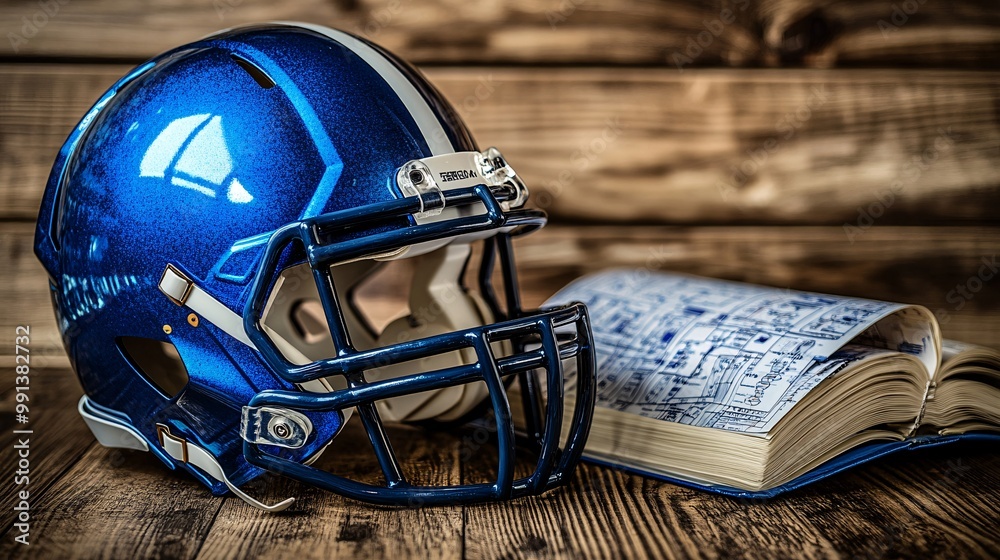 Poster A close-up of a football helmet with a playbook opened to a strategic play diagram lying next to it on the bench Large space for text in center Stock Photo with copy space