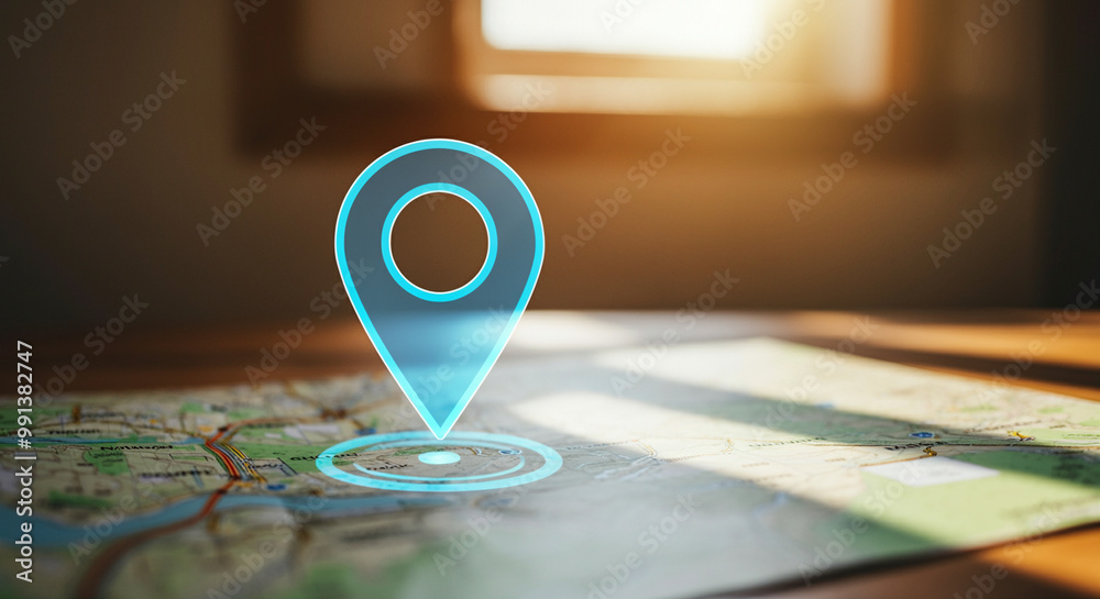 Poster map with location pin indicating a specific point on the map in a warm light setting