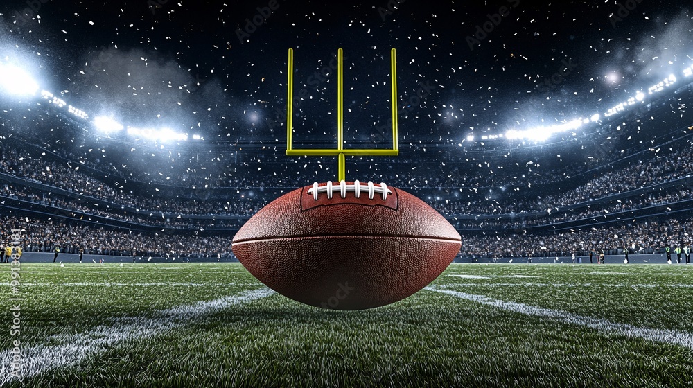 Poster A wide-angle shot of a field goal attempt during a tense moment in the game with the football soaring towards the posts Large space for text in center Stock Photo with copy space