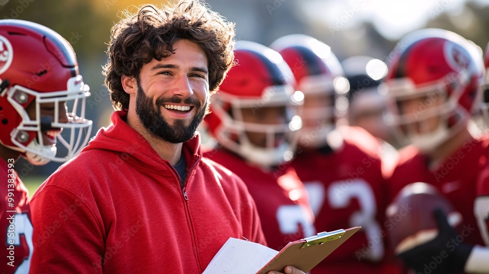 Poster A coach holding a clipboard with a detailed game plan on the sidelines shouting instructions to players on the field Large space for text in center Stock Photo with copy space