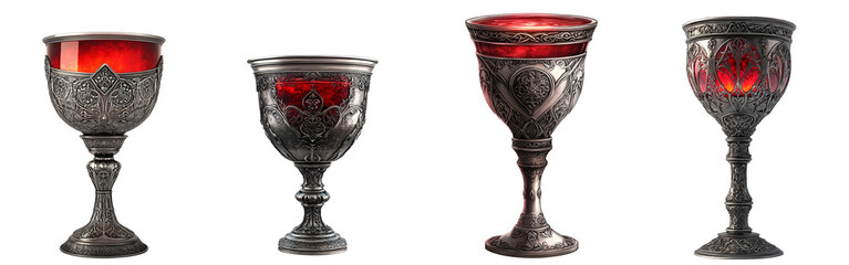 Mystical Silver Chalice with Glowing Red Blood Liquid and Gothic Engravings on Transparent Background