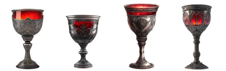 Mystical Silver Chalice with Glowing Red Blood Liquid and Gothic Engravings on Transparent Background