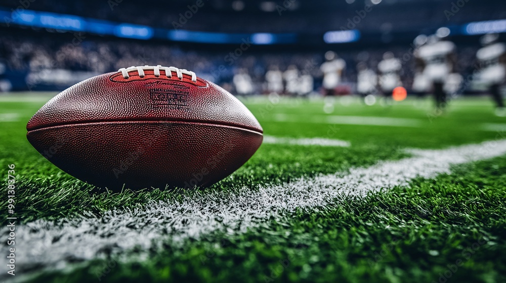 Poster a close-up of a football resting on the grass with players blurred in the background as the game is 
