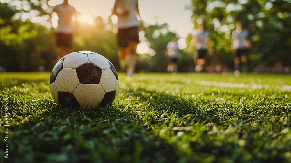 Poster A close-up of a football resting on the grass with players blurred in the background as the game is about to begin Large space for text in center Stock Photo with copy space