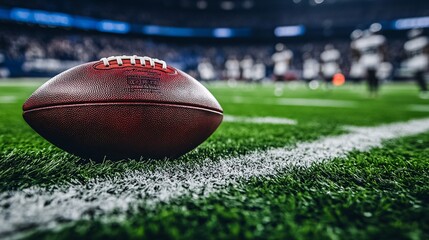 A close-up of a football resting on the grass with players blurred in the background as the game is about to begin Large space for text in center Stock Photo with copy space