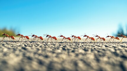 Naklejka premium A line of ants crossing a path, with a clear sky providing space for text in the upper portion.
