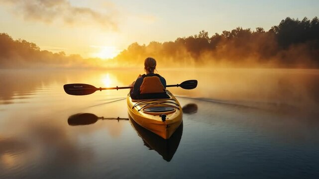 A person with muscular dystrophy enjoying a peaceful kayak ride on a calm lake at dawn, mist rising from the water.