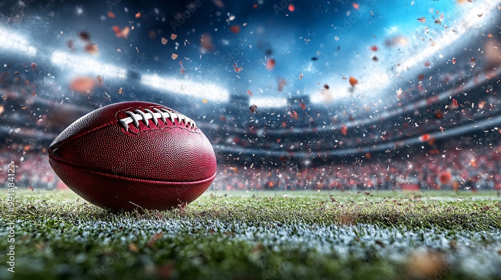 Aufkleber A field-level view of the ball being snapped during a key moment of the game with the quarterback ready to make a play Large space for text in center Stock Photo with copy space
