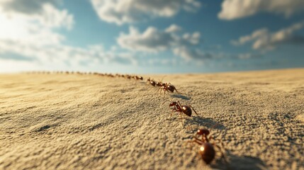 Obraz premium A line of ants marching across a sandy surface with a large area of empty sky above for text.