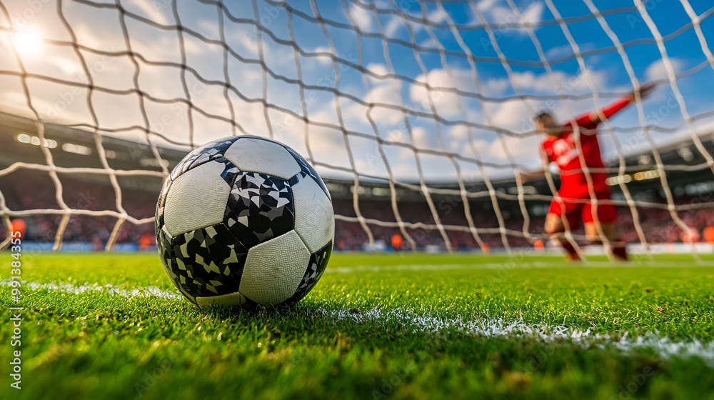 Poster A dramatic action shot of a kicker in mid-motion as he kicks the ball towards the goalpost with the crowd watching Large space for text in center Stock Photo with copy space
